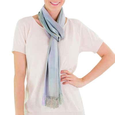 Rayon scarf, 'Iridescent Blue Pastels' - Blue Green Lilac Guatemalan Scarf Hand Woven Bamboo
