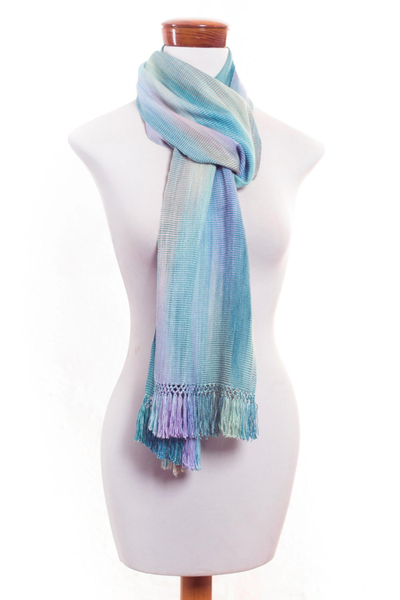 Rayon scarf, 'Iridescent Blue Pastels' - Blue Green Lilac Rayon Guatemalan Scarf 