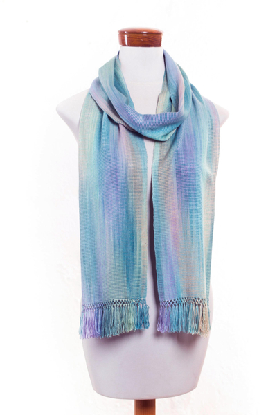 Rayon scarf, 'Iridescent Blue Pastels' - Blue Green Lilac Rayon Guatemalan Scarf 