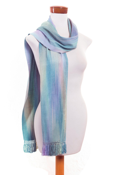 Rayon chenille scarf, 'Iridescent Blue Pastels' - Blue Green Lilac Rayon Chenille Guatemalan Scarf 