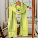 Rayon scarf, 'Iridescent Green Pastels' - Light and Dark Green Hand Woven Rayon Scarf