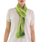 Rayon scarf, 'Iridescent Green Pastels' - Light and Dark Green Hand Woven Rayon Scarf