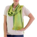 Rayon scarf, 'Iridescent Green Pastels' - Light and Dark Green Hand Woven Rayon Scarf