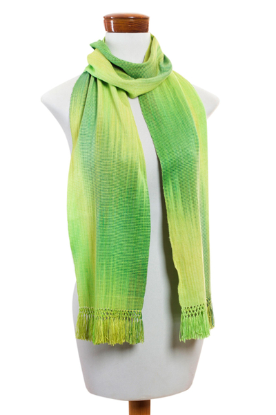 Rayon scarf, 'Iridescent Green Pastels' - Light and Dark Green Hand Woven Rayon Scarf