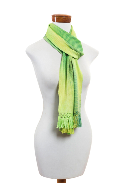 Rayon scarf, 'Iridescent Green Pastels' - Light and Dark Green Hand Woven Rayon Scarf
