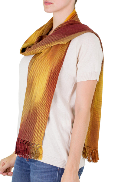 Rayon scarf, 'Iridescent Ocher' - Ocher and Copper Hand Woven Rayon Scarf