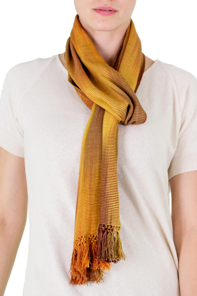 Rayon chenille scarf, 'Iridescent Ocher' - Ocher and Copper Hand Woven Rayon Scarf