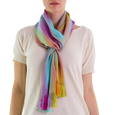 Rayon scarf, 'Iridescent Rainbow Pastel' - Pastel Multi colour Guatemalan Scarf Hand Woven Bamboo