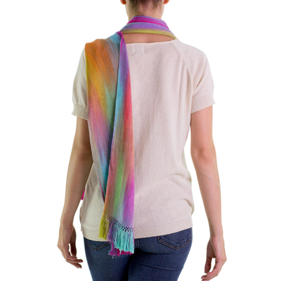 Rayon scarf, 'Iridescent Rainbow Pastel' - Pastel Multi Color Guatemalan Scarf Hand Woven Rayon