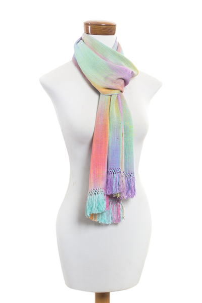 Rayon scarf, 'Iridescent Rainbow Pastel' - Pastel Multi Color Guatemalan Scarf Hand Woven Rayon