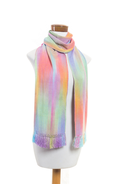 Rayon chenille scarf, 'Iridescent Rainbow Pastel' - Pastel Multi Color Guatemalan Scarf Hand Woven Rayon