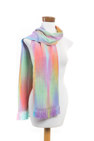 Rayon chenille scarf, 'Iridescent Rainbow Pastel' - Pastel Multi Color Guatemalan Scarf Hand Woven Rayon