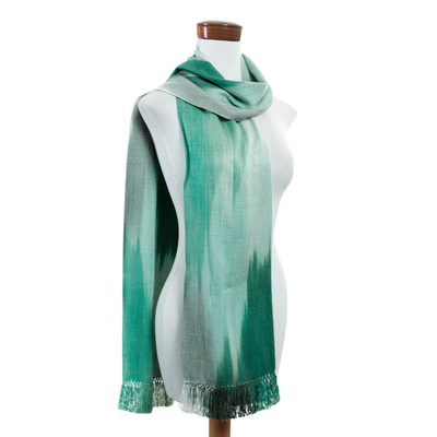 Rayon scarf, 'Iridescent Eucalyptus' - Rayon Hand Woven Green White Guatemalan Scarf