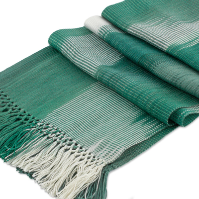 Rayon chenille scarf, 'Iridescent Eucalyptus' - Rayon Chenille Hand Woven Green White Guatemalan Scarf