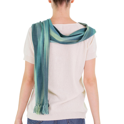 Rayon scarf, 'Iridescent Emerald' - Hand Woven Rayon Scarf in Light and Dark Green