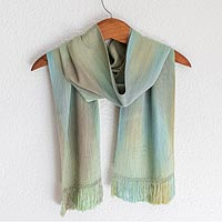 Rayon chenille scarf, 'Iridescent Mint Pastel' - Hand Woven Pastel Blue Green Rayon Chenille Scarf