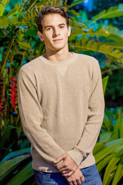 Men's cotton pullover sweater, 'Sporting Elegance' - Men's Beige Cotton Pullover Sweater from Guatemala
