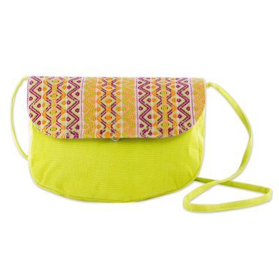Cotton shoulder bag, 'Tropical Whisper' - Hand Woven Lime Green Shoulder Bag from Guatemala