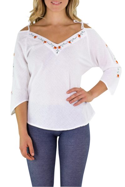 Cotton blouse, 'El Salvador Orange Roses' - Floral Embroidery on Cotton Blouse Top from Central America