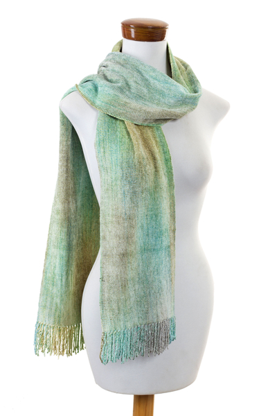 Rayon chenille scarf, 'Aqua Mist' - Maya Backstrap Handwoven Aqua Chenille Scarf