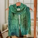 Rayon chenille scarf, 'Precious Teal' - Teal and Blue Backstrap Loom Rayon Chenille Scarf