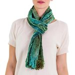 Rayon chenille scarf, 'Precious Teal' - Teal and Blue Backstrap Loom Rayon Chenille Scarf