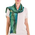 Rayon chenille scarf, 'Precious Teal' - Teal and Blue Backstrap Loom Rayon Chenille Scarf