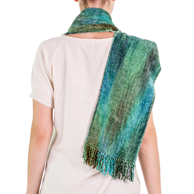 Rayon chenille scarf, 'Precious Teal' - Teal and Blue Backstrap Loom Rayon Chenille Scarf
