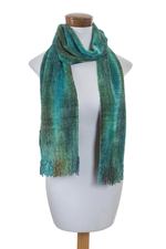 Rayon chenille scarf, 'Precious Teal' - Teal and Blue Backstrap Loom Rayon Chenille Scarf