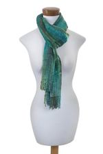 Rayon chenille scarf, 'Precious Teal' - Teal and Blue Backstrap Loom Rayon Chenille Scarf