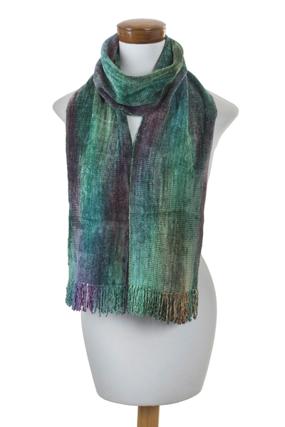 Rayon chenille scarf, 'Enchanted Forest' - Handwoven Teal Rayon Chenille Scarf from Guatemala