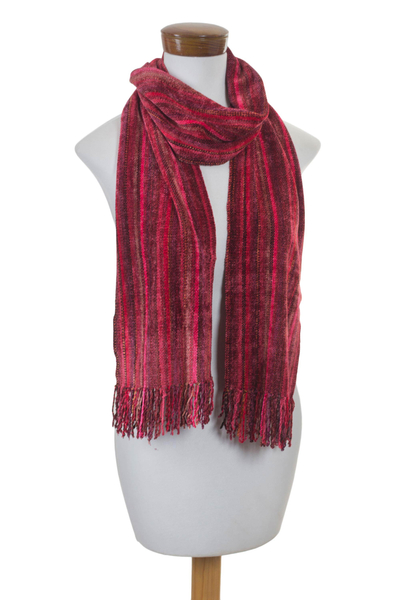 Rayon chenille scarf, 'Bright Berries' - Rayon Chenille Hand Woven Guatemalan Scarf