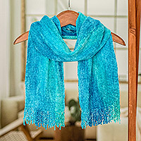Rayon chenille scarf, 'Radiant Lagoon' - Blue Backstrap Loom Woven Chenille Scarf