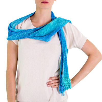 Rayon chenille scarf, 'Radiant Lagoon' - Blue Backstrap Loom Rayon Chenille Scarf