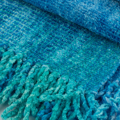 Rayon chenille scarf, 'Radiant Lagoon' - Blue Backstrap Loom Rayon Chenille Scarf