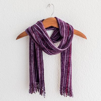 Rayon chenille scarf, 'Maya Lilacs' - Purple and Lavender Handmade Striped Chenille Scarf