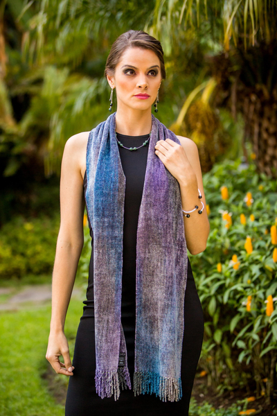 Rayon chenille scarf, 'Highland Jacaranda' - Artisan Crafted Purple Chenille Scarf from Guatemala