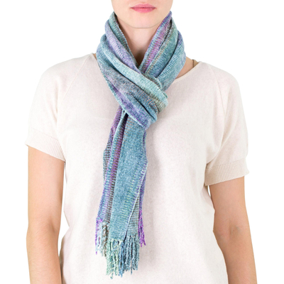 Rayon chenille scarf, 'Enchanted Sky' - Handwoven Mint and Aqua Rayon Chenille Scarf from Guatemala