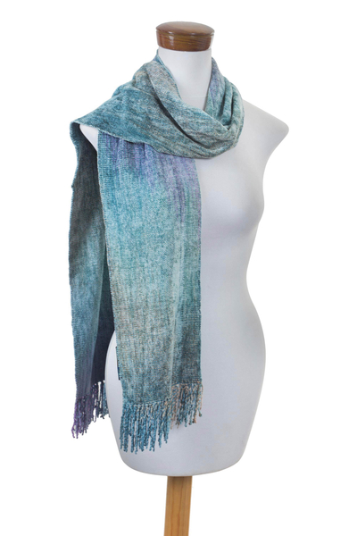 Rayon chenille scarf, 'Enchanted Sky' - Handwoven Mint and Aqua Rayon Chenille Scarf from Guatemala