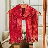 Rayon chenille scarf, 'Crimson Embrace' - Red and Burgundy Handwoven Rayon Chenille Scarf