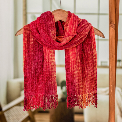 Rayon chenille scarf, 'Crimson Embrace' - Red and Burgundy Handwoven Bamboo Chenille Scarf