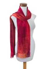 Rayon chenille scarf, 'Crimson Embrace' - Red and Burgundy Handwoven Rayon Chenille Scarf