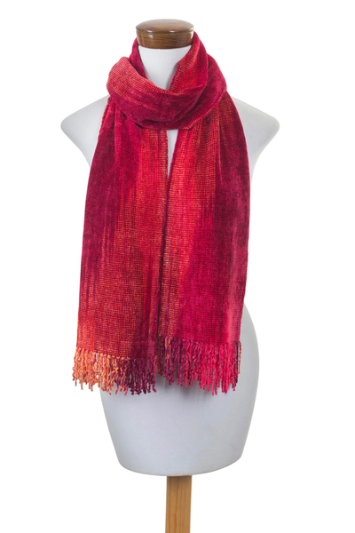 Red and Burgundy Handwoven Rayon Chenille Scarf - Crimson Embrace | NOVICA