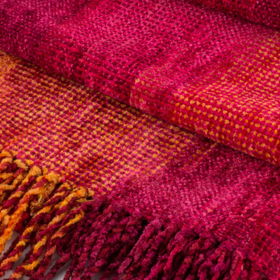Rayon chenille scarf, 'Crimson Embrace' - Red and Burgundy Handwoven Rayon Chenille Scarf
