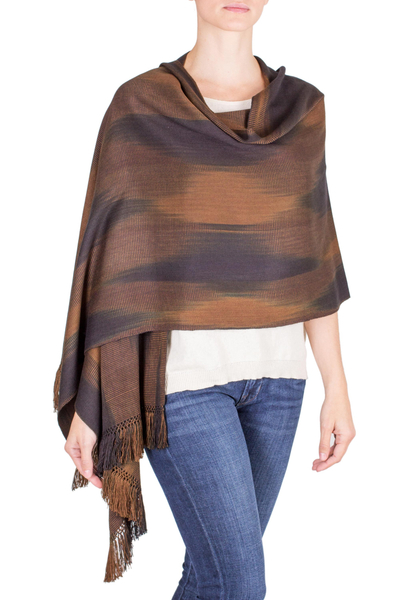 Rayon chenille shawl, 'Coffee' - Rayon Chenille Shawl Hand Woven in Earth Tones