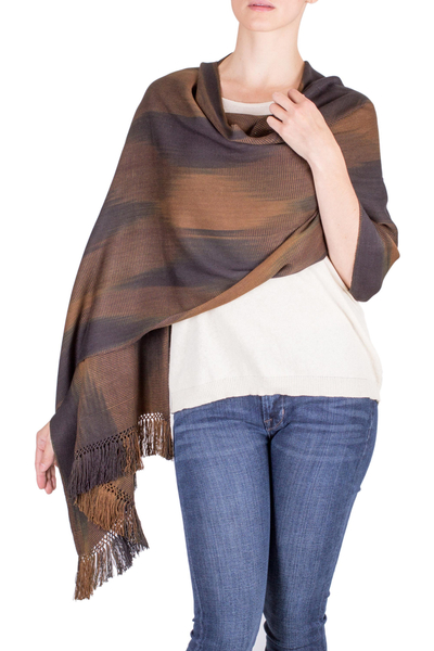 Rayon chenille shawl, 'Coffee' - Rayon Chenille Shawl Hand Woven in Earth Tones