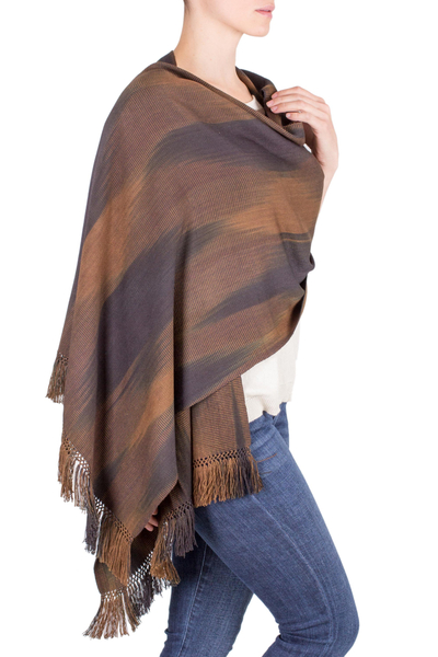 Rayon shawl, 'Coffee' - Rayon Shawl Hand Woven in Earth Tones