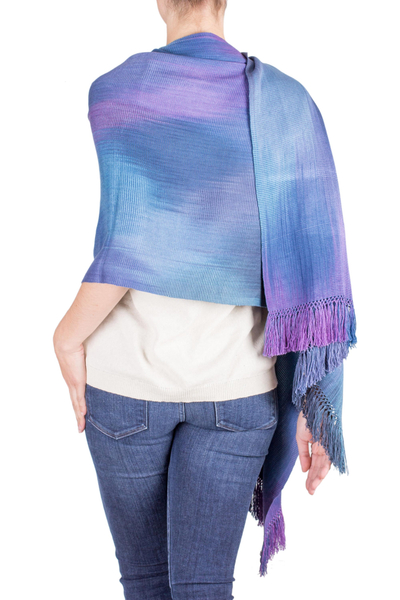 Rayon shawl, 'Blue Orchids' - Guatemalan Hand Woven Shawl in Blues and Orchids