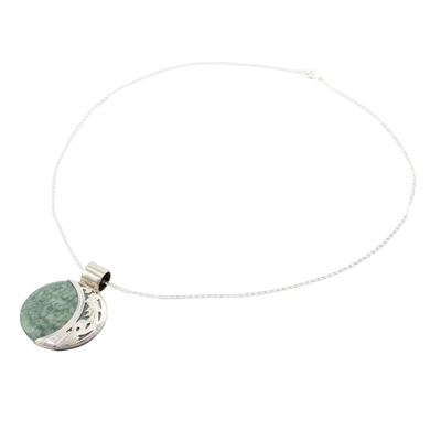 Reversible jade pendant necklace, 'Quetzal Eclipse' - Sun & Moon Sterling Silver Green Black Jade Pendant Necklace