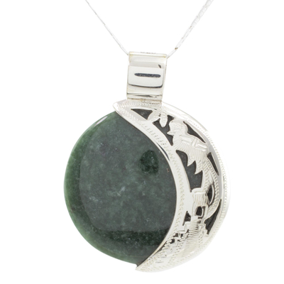 Jade pendant necklace, 'Green Quetzal Eclipse' - Eclipse Green Jade and Sterling Silver Pendant Necklace